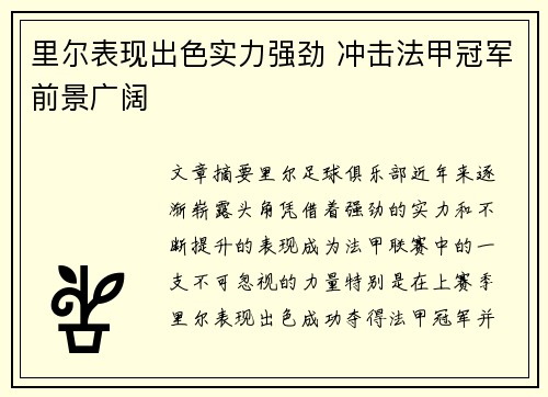 里尔表现出色实力强劲 冲击法甲冠军前景广阔